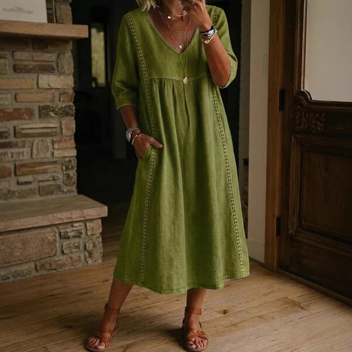 Vestido Casual de Encaje con Escote en V