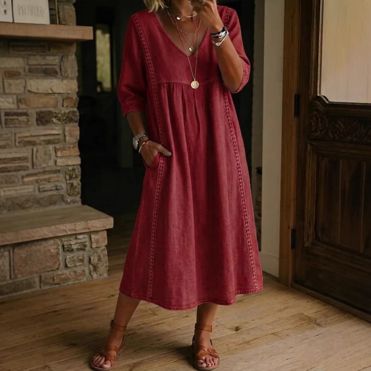 Vestido Casual de Encaje con Escote en V